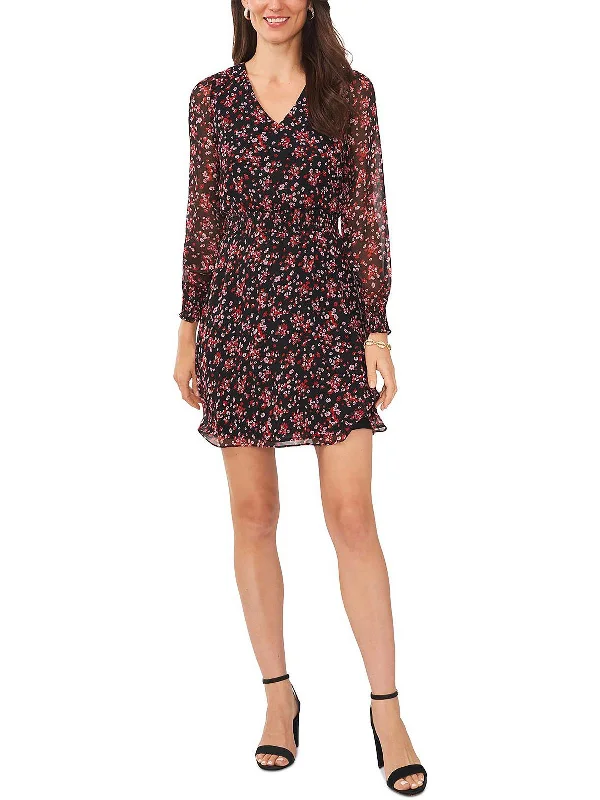 casual v-neck mini dress-Petites Womens Floral Short Mini Dress