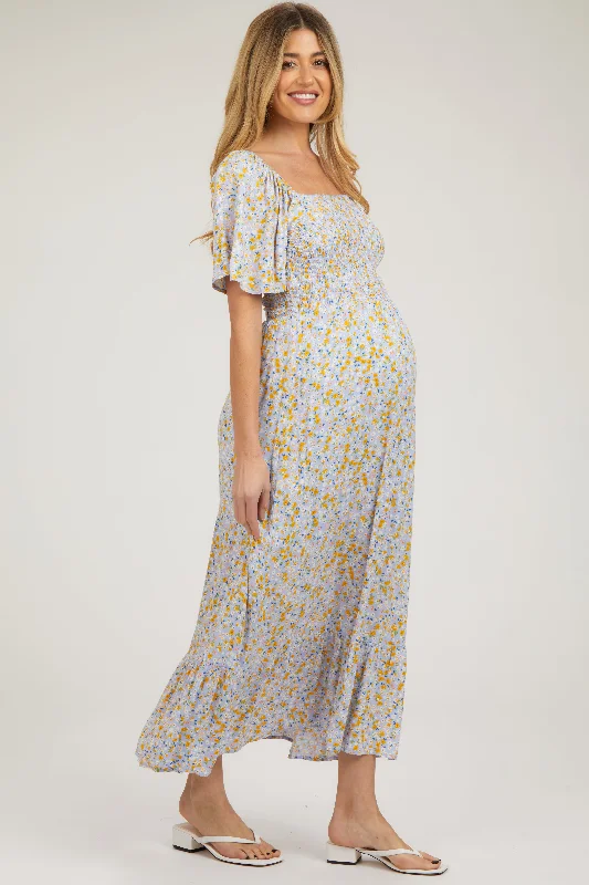 elegant floral overlay maxi dress-Light Blue Floral Smocked Maternity Maxi Dress