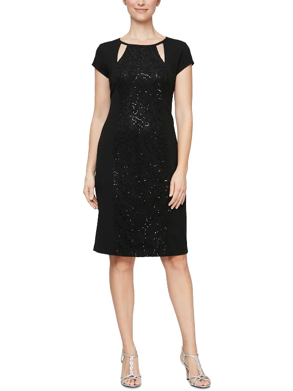 evening dress with high-low hem-Womens Sequined Lace Inset Cocktail and Party Dress