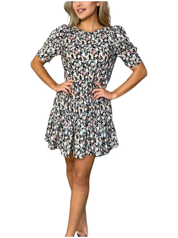 Vintage Floral Mini Dress -Womens Ruffled Puff Sleeve Mini Dress