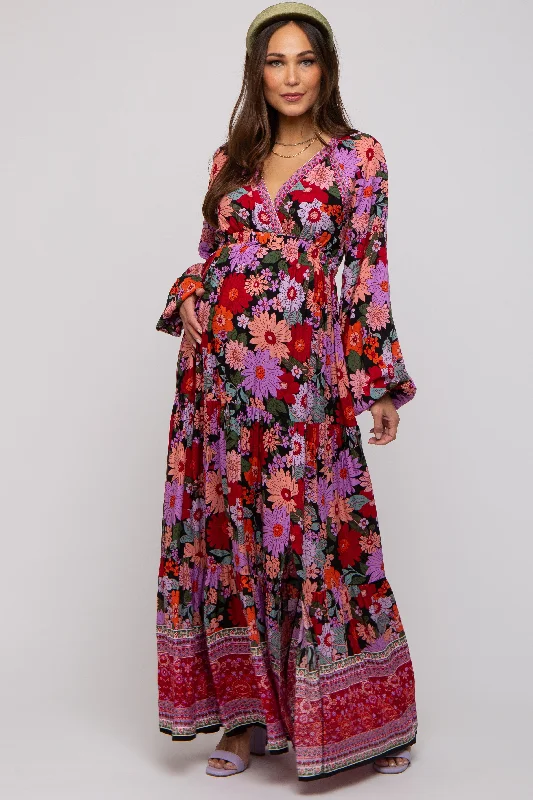 sleeveless fit and flare maxi dress-Black Floral Long Sleeve Tiered Maternity Maxi Dress