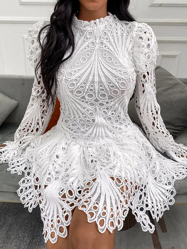 fishtail evening dress-Elegant White Lace Hollow Dress