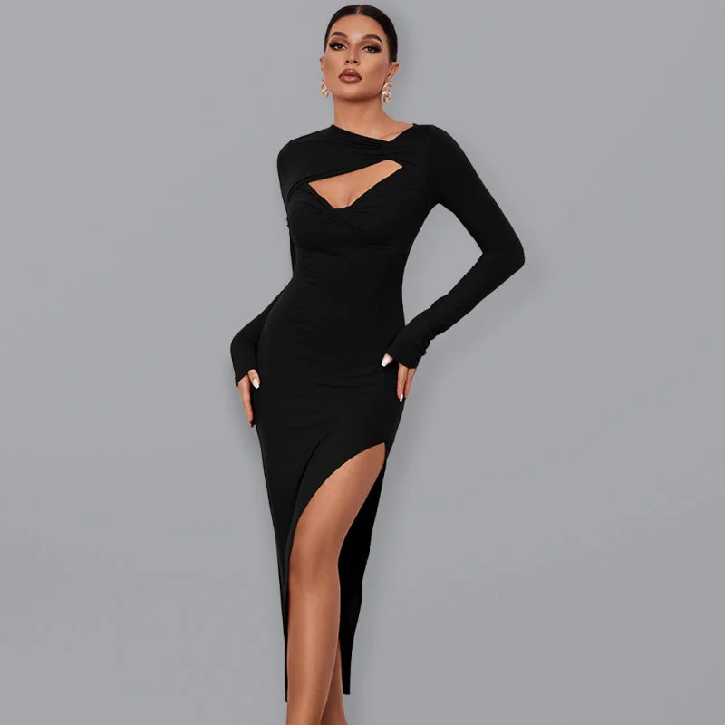 scalloped hem evening gown-Angled Neckline Front Cutout Dress