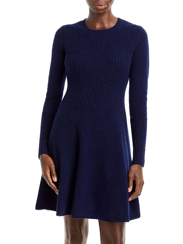 mini dress with lace inserts-Womens Cashmere Ribbed Fit & Flare Dress