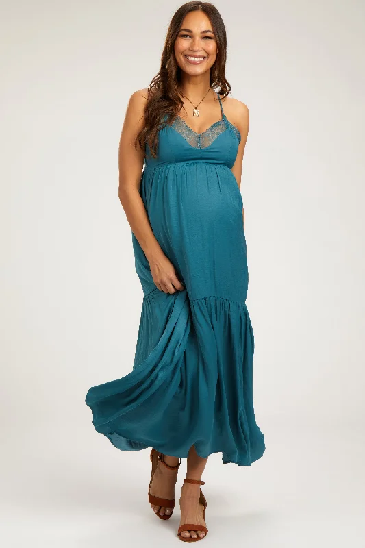 floral smocked bodice maxi dress-Teal Sleeveless Lace Tiered Maternity Maxi Dress