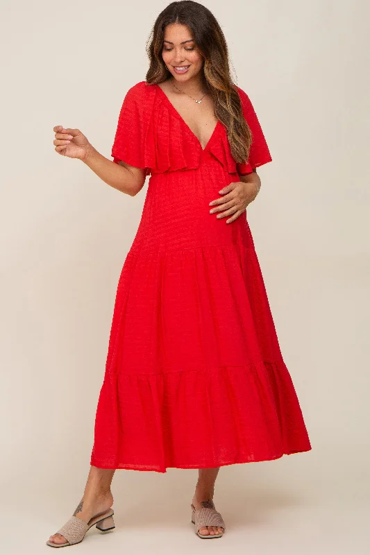 vintage style floral maxi dress-Red Textured Stripe Deep V-Neck Layered Sleeve Maternity Maxi Dress