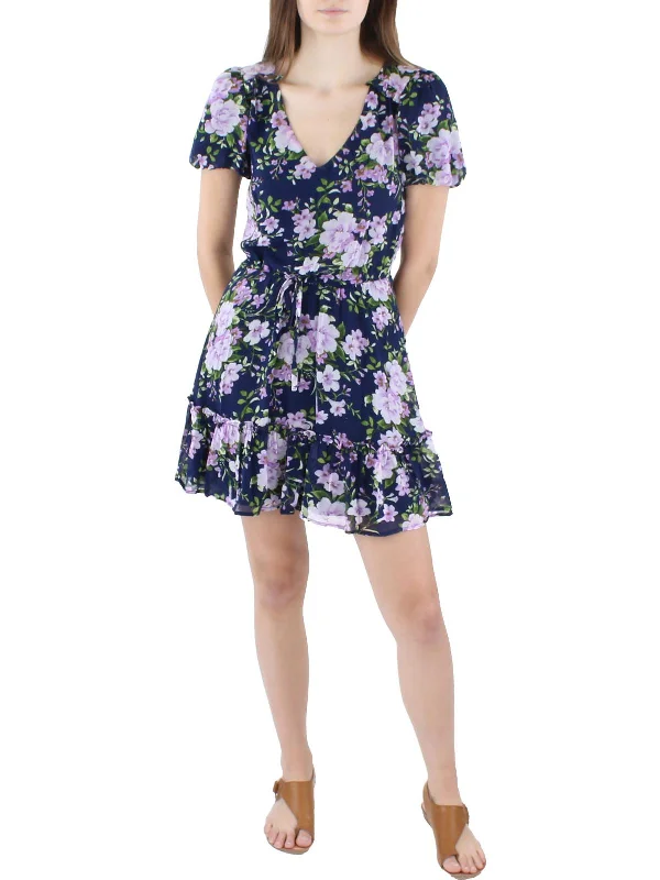 casual jersey mini dress-Juniors Womens Floral Print Casual Fit & Flare Dress