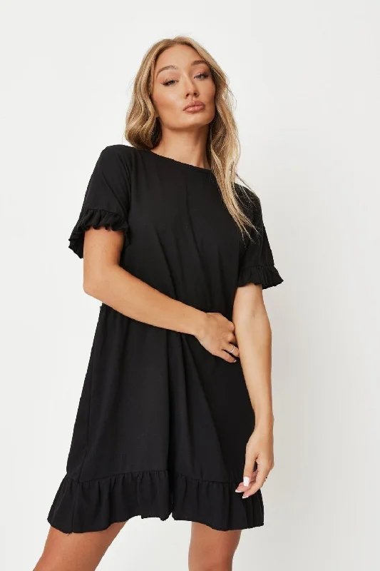 boho smocked mini dress-Black Frill Hem Mini Dress