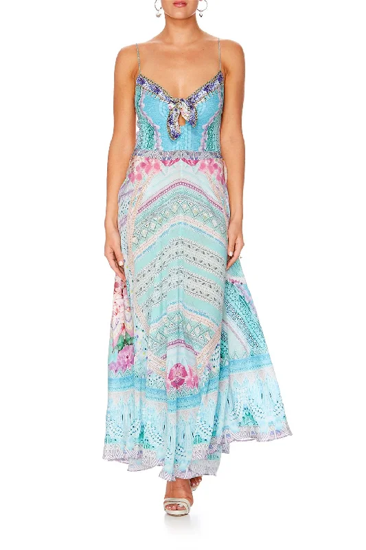 sleeveless lace trim maxi dress-LONG DRESS WITH TIE FRONT GARDEN STATE