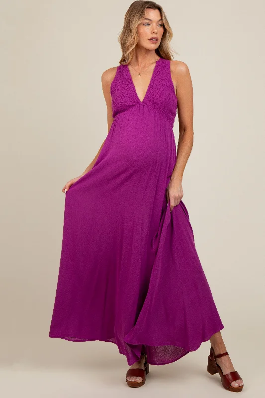 floral overlay maxi dress-Violet Deep V-Neck Cross Back Maternity Maxi Dress