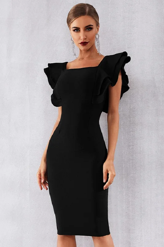 bodycon evening gown-Black Solid Ruffle Shoulder Dress