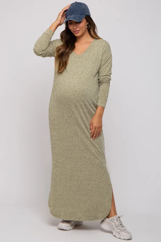 summer casual long maxi dress-Light Olive Heathered Pocketed Long Sleeve Maternity Maxi Dress