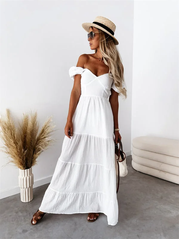 elegant evening gown with train-Off shoulder white backless strappy commuter dress