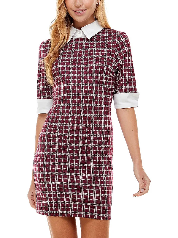 mini dress with back tie-Juniors Womens Plaid Mini Bodycon Dress