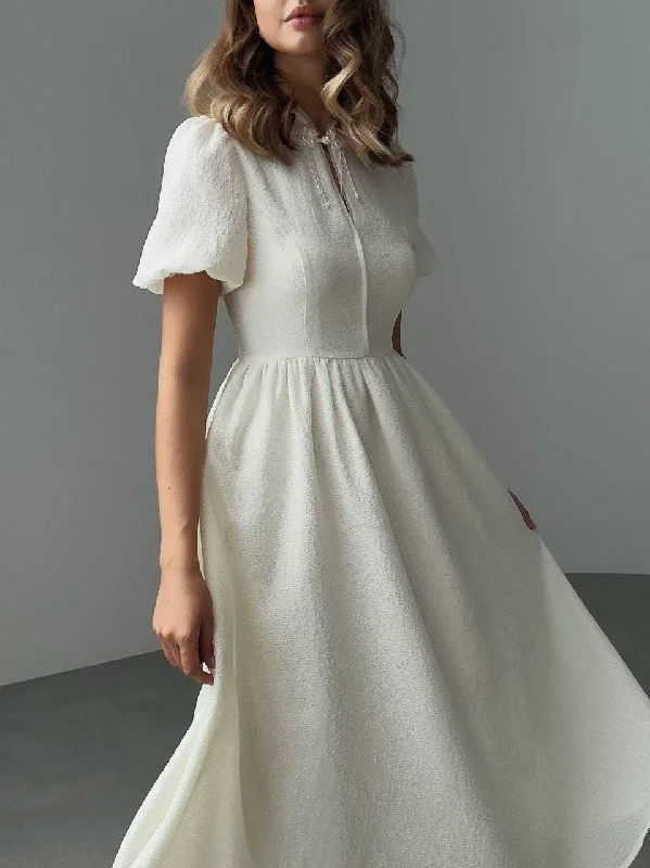 lace midi dress-Elegant Short Sleeve Midi White Dress