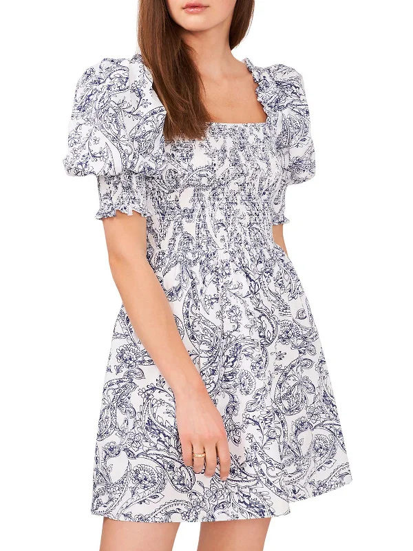 floral tie-waist mini dress-May Womens Smocked Mini Fit & Flare Dress