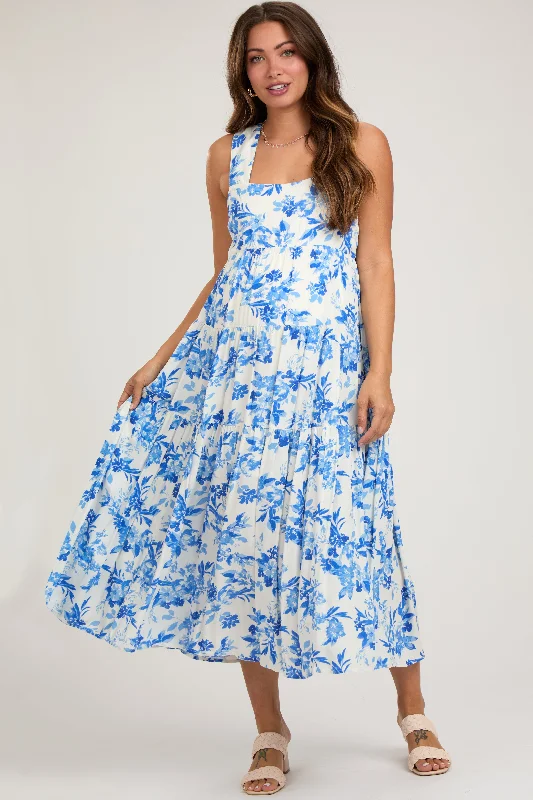 casual high-low hem maxi dress-Blue Floral Sleeveless Tiered Maternity Maxi Dress