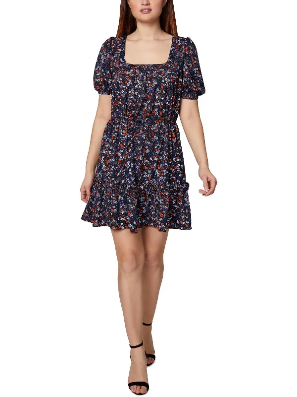 floral high-neck mini dress-Womens Floral Print Knee Length Fit & Flare Dress