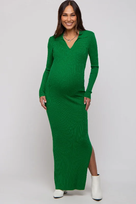 floral jacquard maxi dress-Green Rib Knit Collared Maternity Maxi Dress