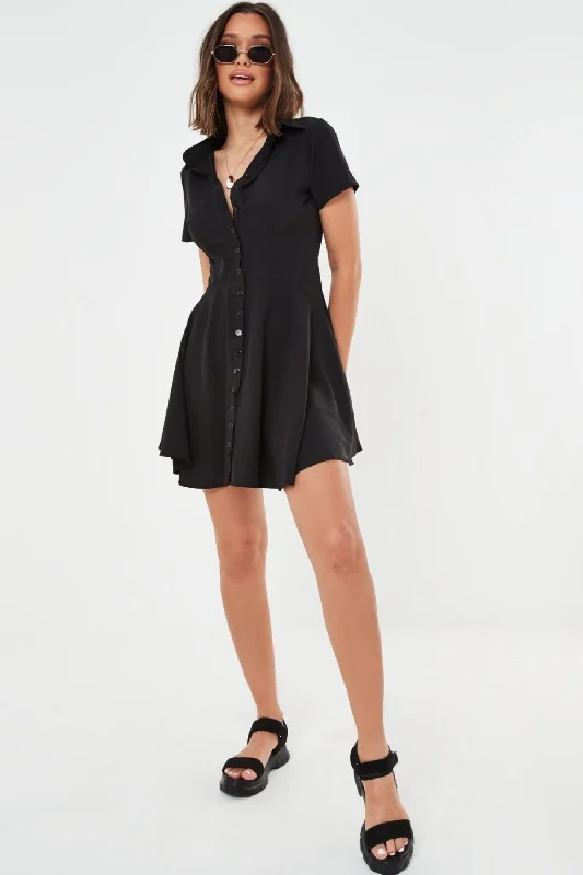 casual drawstring mini dress-Front open Short Sleeve Flared Black Mini Dress