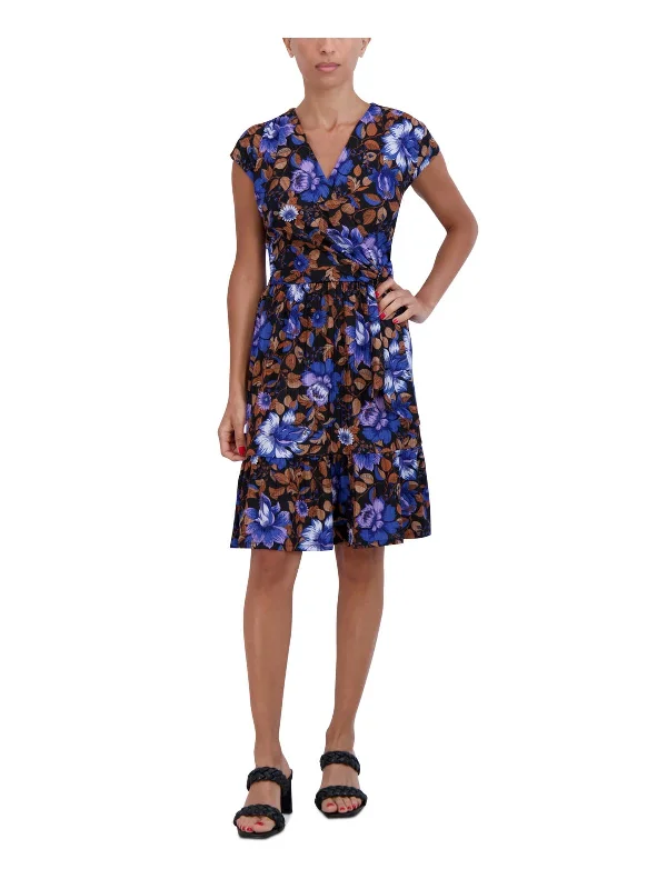 wrap style floral mini dress-Petites Womens Floral A-Line Mini Dress