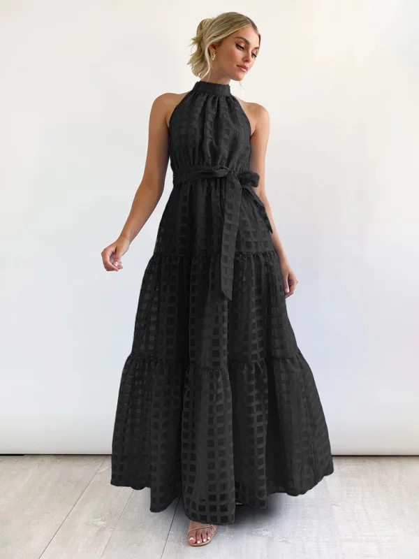 sophisticated evening gown-Black checkered Halter Neck Dress