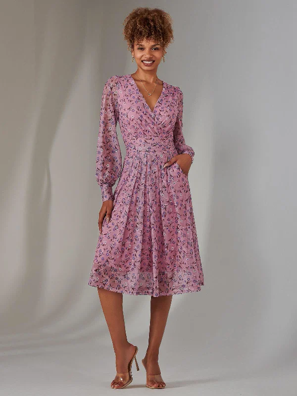 satin midi dress-Long Sleeve Lace Print Midi Dress, Pink Floral