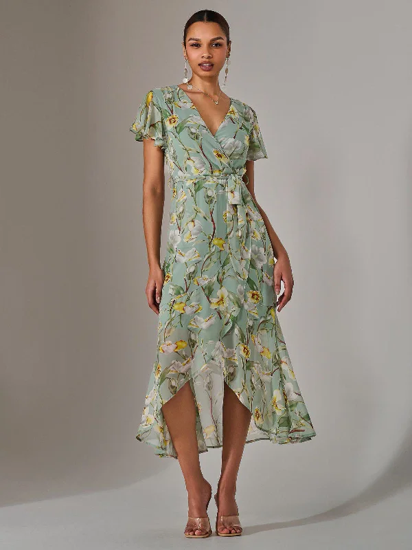 relaxed fit midi dress-Chiffon Wrap Midi Dress, Teal Floral