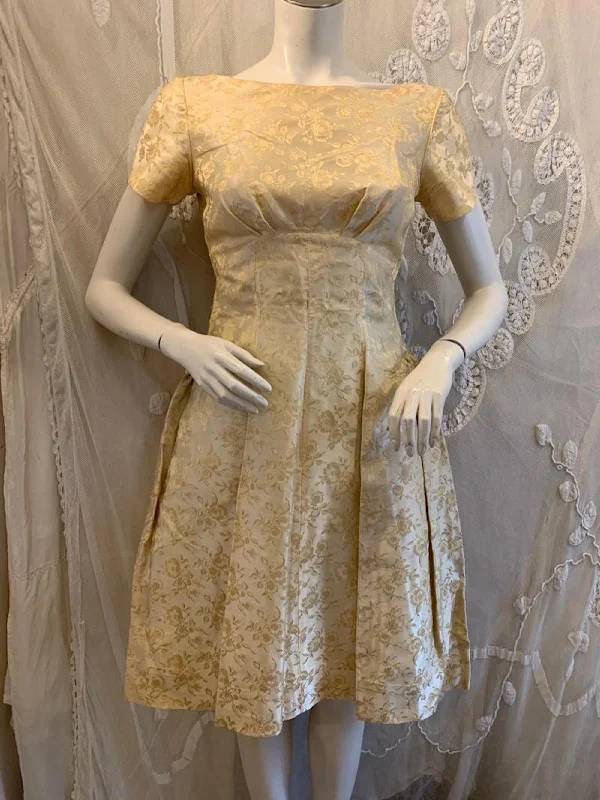 illusion back evening gown-1950s Gold and Cream Brocade Party Dress