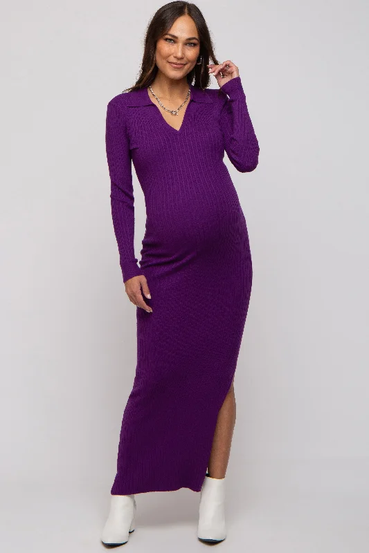 bohemian tiered maxi dress-Purple Rib Knit Collared Maternity Maxi Dress