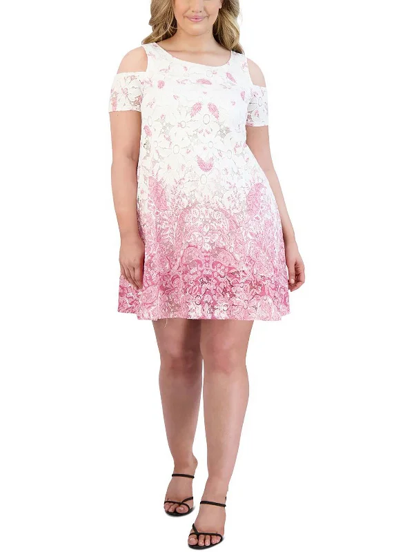 floral print wrap mini dress-Plus Womens Lace Overlay Lined Mini Dress