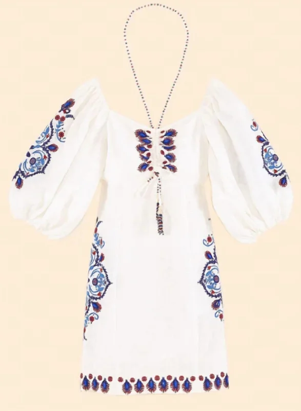 floral embroidered mini dress-Off White Navy Embroidery Mini Dress In White/blue/red