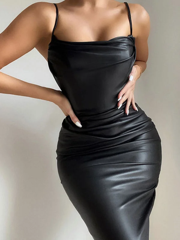 sequined formal evening dress-Faux Leather Pleated Neckline Bodycon