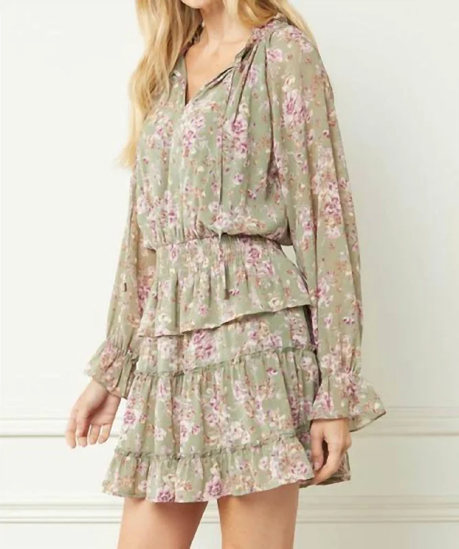 Wrap Front Mini Dress for Comfort -Mini Floral Print Dress in Olive