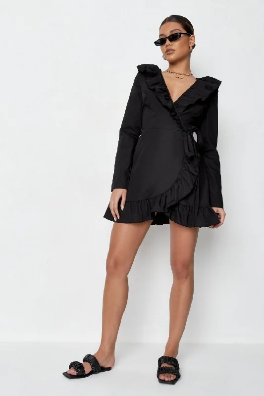 embroidered mini dress-Kimono Frill Hemline Black Mini Dress