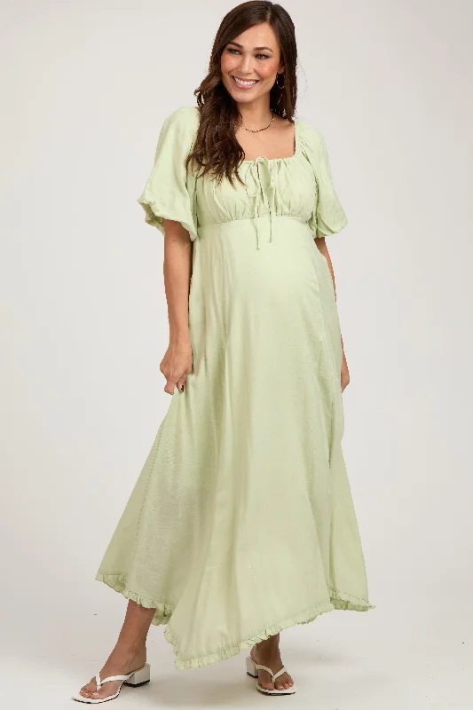 floral belted maxi dress-Light Olive Front Tie Puff Sleeve Maternity Maxi Dress