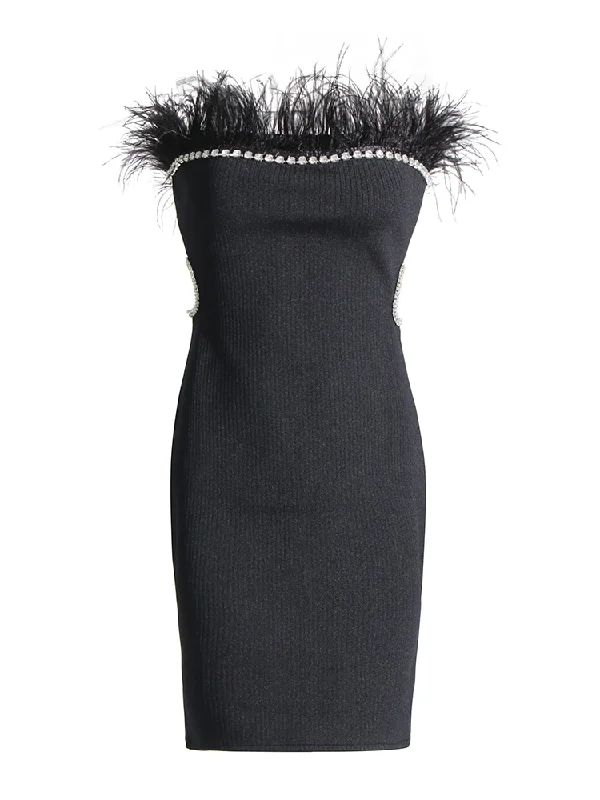 sleeveless evening gown-Spliced Feather Hollow Out Diamond Dress