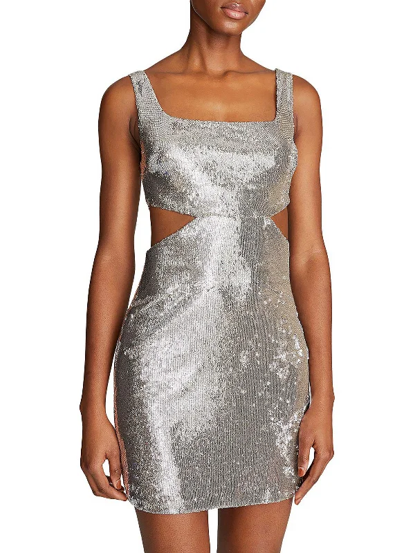 casual sporty mini dress-Womens Cut-out Sequin Mini Dress