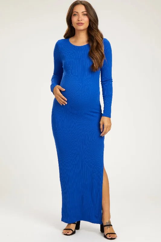 sleeveless high-neck maxi dress-Royal Blue Ribbed Long Sleeve Side Slit Maternity Maxi Dress