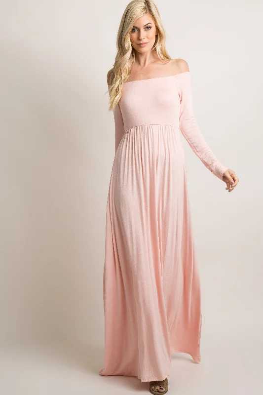 sleeveless A-line chiffon maxi dress-PinkBlush Pink Solid Off Shoulder Maxi Dress