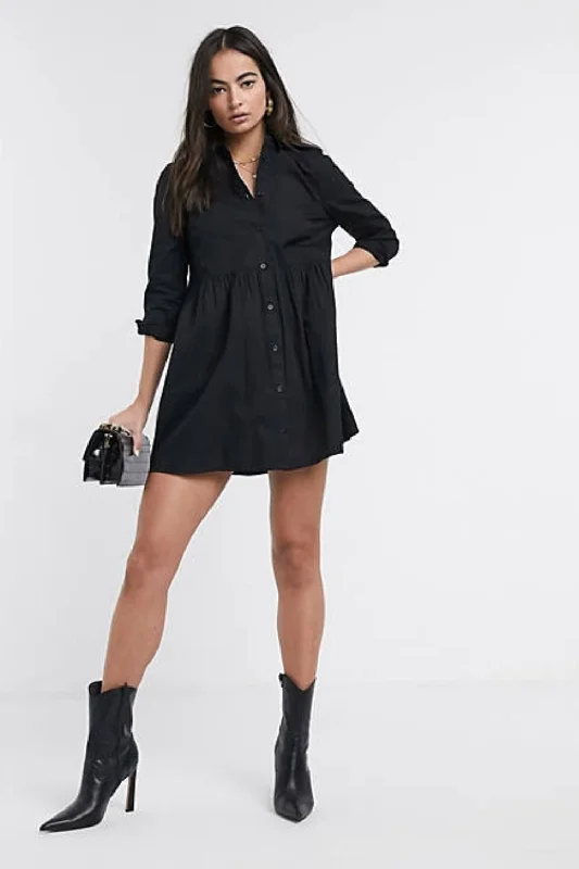 Sparkly Glitter Mini Dress -Mini Smock Shirt Dress In Black