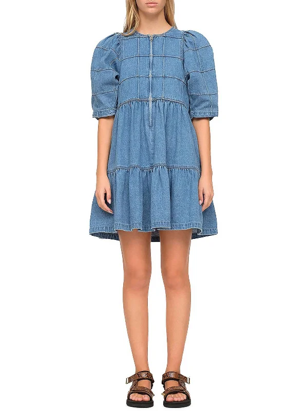 mini dress with flared sleeves-Womens Denim Mini Fit & Flare Dress