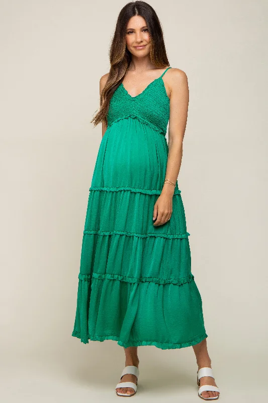 sleeveless high-low hem maxi dress-Green Smocked Ruffle Tiered Maternity Maxi Dress