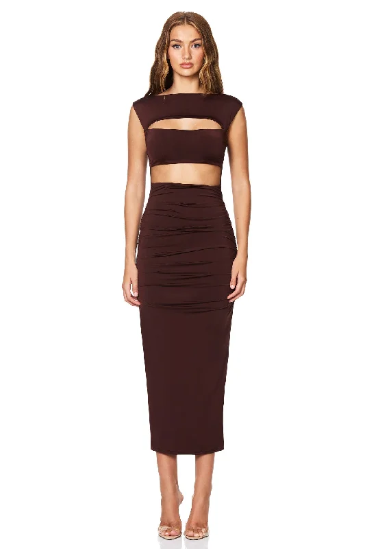 cocktail midi dress-Nookie Enigma Cut Out Midi Dress - Chocolate