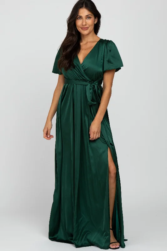 casual floral skater maxi dress-Green Side Slit Satin Maxi Dress