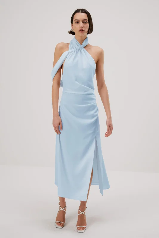 retro midi dress-Misha Della Satin Midi Dress - Sky Blue