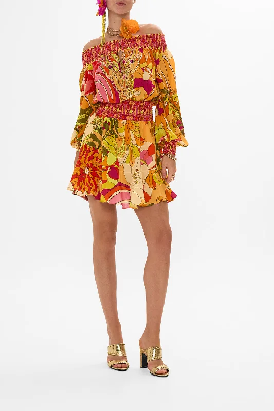 tiered chiffon mini dress-OFF SHOULDER SHORT DRESS THE FLOWER CHILD SOCIETY