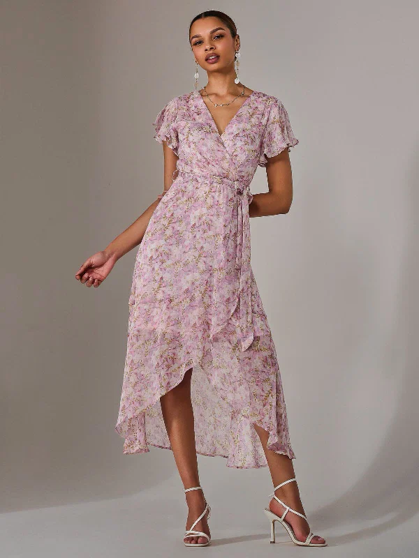 retro midi dress-Chiffon Wrap Midi Dress, Pink Floral