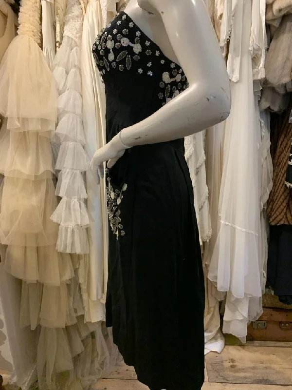 high slit evening dress-1950s Strapless Beaded Cocktail Dress