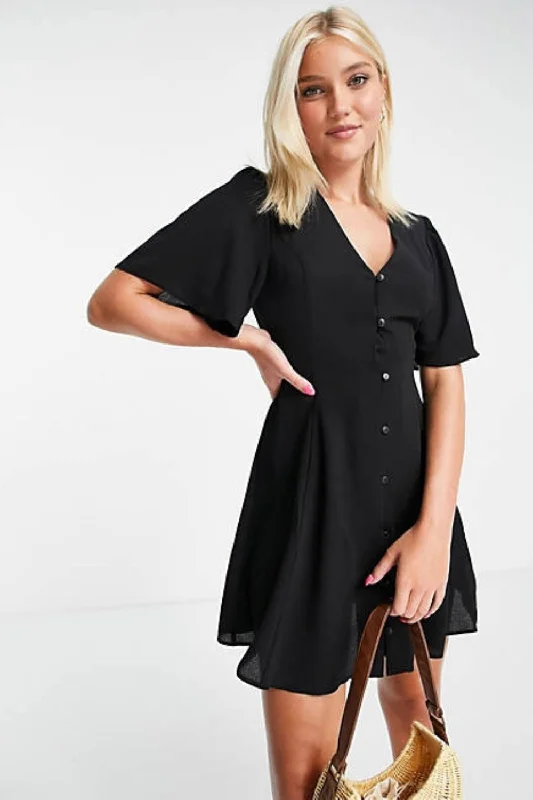 Stunning Evening Mini Dress -Button Through Tie Back Mini Tea Dress With Angel Sleeve In Black